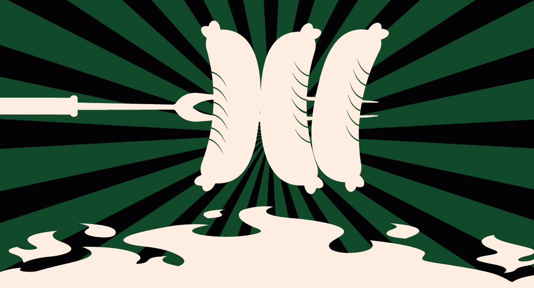 Illustration över korv som grillas.